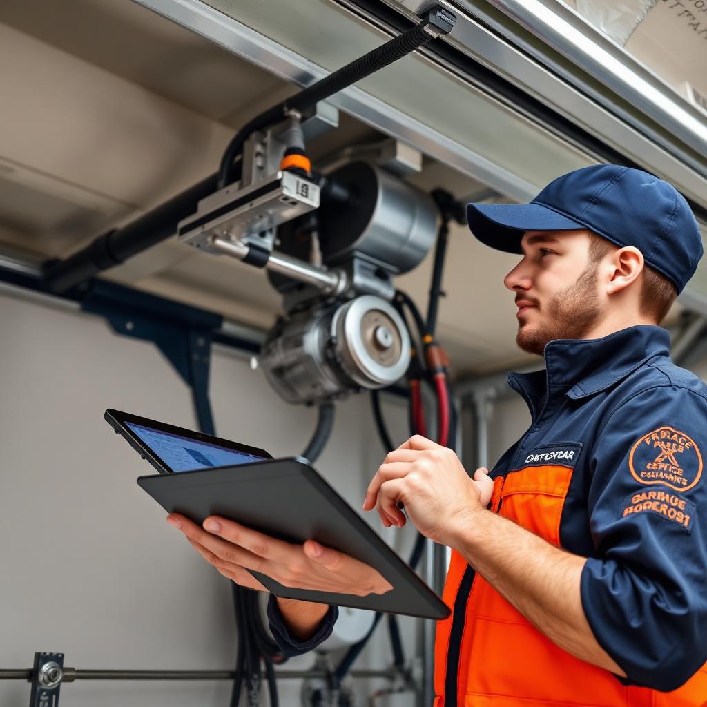 Professional garage door technician performing digital inspection on residential garage door